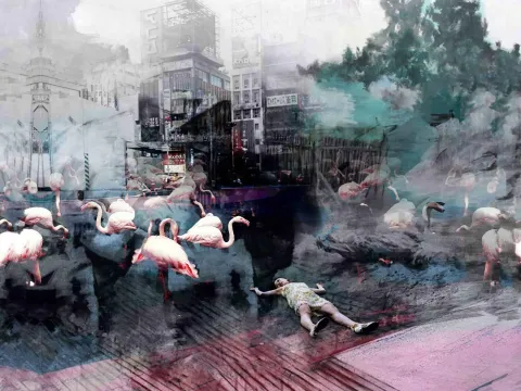 MUSTAFA MUTLU — “Pembe Düşler”, 2016 "Pembe Düşler" eseri MUSTAFA MUTLU tarafından 2016 yılında 90x120 cm ölçülerinde Duralit üzeri karışık teknik tekniği ile yapılmıştır.