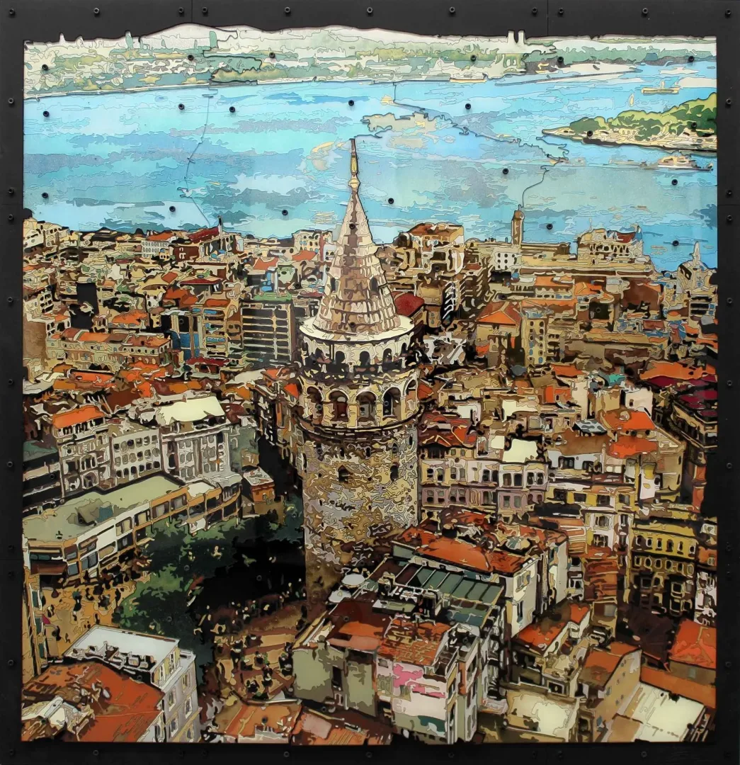 yakınlaştır "İstanbul kanatlarımın altında" eseri EMRE LÜLE tarafından 2016 yılında 90x93 cm ölçülerinde Poliplastik tekniği ile yapılmıştır.