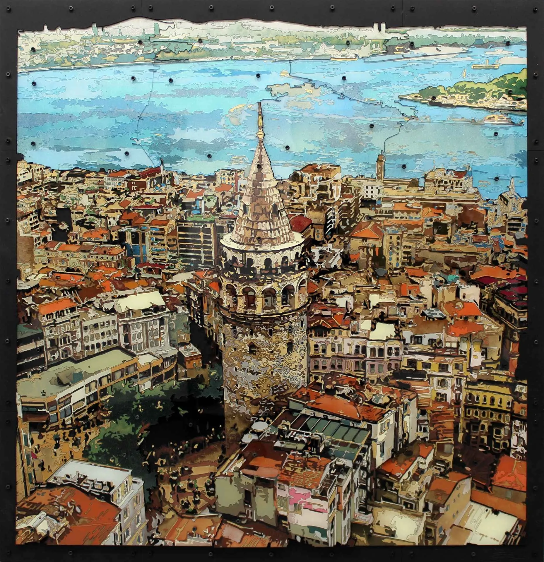 "İstanbul kanatlarımın altında" eseri EMRE LÜLE tarafından 2016 yılında 90x93 cm ölçülerinde Poliplastik tekniği ile yapılmıştır.