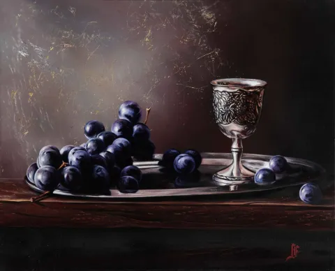 "Üzümler" eseri HÜSEYİN FEYZULLAH tarafından 2016 yılında 40x50 cm ölçülerinde Tuval üzeri yağlı boya tekniği ile yapılmıştır.