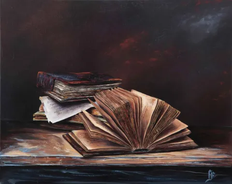 "Kitaplar" eseri HÜSEYİN FEYZULLAH tarafından 2016 yılında 40x50 cm ölçülerinde Tuval üzeri yağlı boya tekniği ile yapılmıştır.