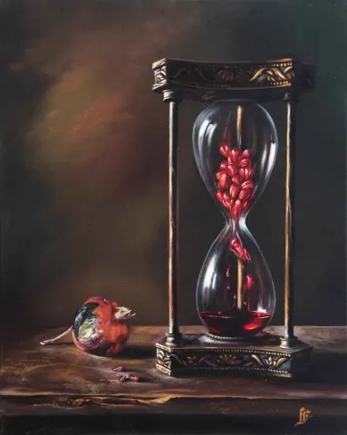 "Kum saati" eseri HÜSEYİN FEYZULLAH tarafından 2016 yılında 50x40 cm ölçülerinde Tuval üzeri yağlı boya tekniği ile yapılmıştır.
