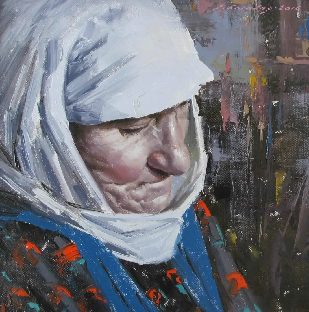 yakınlaştır "Bozüyüklü Yaşlı Kadın" eseri FATİH KARAKAŞ tarafından 2016 yılında 25x25 cm ölçülerinde Tuval üzeri yağlı boya tekniği ile yapılmıştır.