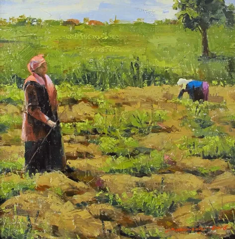 "İmece" eseri FATİH KARAKAŞ tarafından 2016 yılında 25x25 cm ölçülerinde Tuval üzeri yağlı boya tekniği ile yapılmıştır.