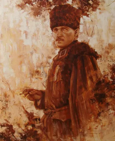 "Atatürk" eseri FATİH KARAKAŞ tarafından 2016 yılında 80x65 cm ölçülerinde Tuval üzeri yağlı boya tekniği ile yapılmıştır.