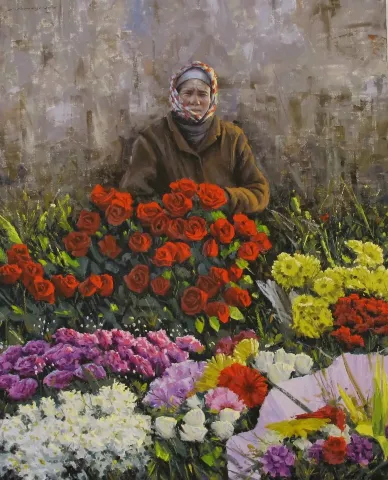 "Kadıköy çiçekçisi" eseri FATİH KARAKAŞ tarafından 2016 yılında 80x65 cm ölçülerinde Tuval üzeri yağlı boya tekniği ile yapılmıştır.