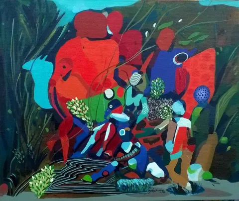 "Su üzerine hikayeler" eseri LEVENT OYLUÇTARHAN tarafından 2016 yılında 38x46 cm ölçülerinde Tuval üzeri yağlı boya tekniği ile yapılmıştır.