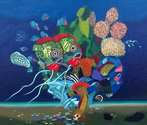 "Su üzerine hikayeler" eseri LEVENT OYLUÇTARHAN tarafından 2016 yılında 38x46 cm ölçülerinde Tuval üzeri yağlı boya tekniği ile yapılmıştır.