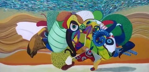 "Su üzerine hikayeler" eseri LEVENT OYLUÇTARHAN tarafından 2016 yılında 60x120 cm ölçülerinde Tuval üzeri yağlı boya tekniği ile yapılmıştır.