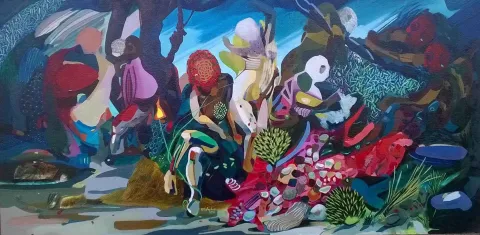 "Su üzerine hikayeler" eseri LEVENT OYLUÇTARHAN tarafından 2016 yılında 60x120 cm ölçülerinde Tuval üzeri yağlı boya tekniği ile yapılmıştır.