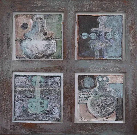 "İsimsiz" eseri AYSUN ÇÖLBAYIR DİNİZ tarafından 55x55 cm ölçülerinde Kağıt seramik üzeri karışık teknik tekniği ile yapılmıştır.