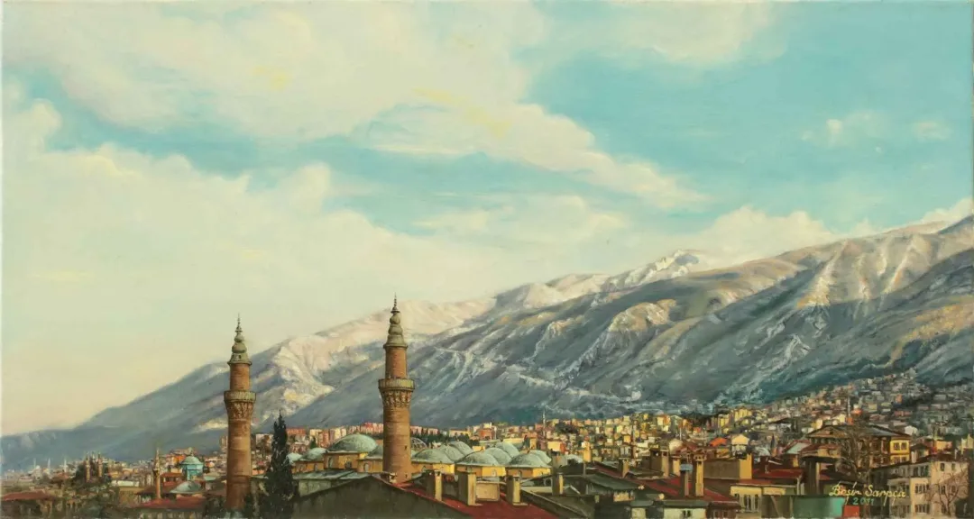 yakınlaştır "Uludağ ve Ulu Camii" eseri BEŞİR SARPÇA tarafından 2011 yılında 40x75 cm ölçülerinde Tuval üzeri yağlı boya tekniği ile yapılmıştır.