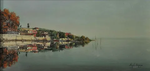 "Gölyazıda Sabah" eseri BEŞİR SARPÇA tarafından 2011 yılında 32x62 cm ölçülerinde Tuval üzeri yağlı boya tekniği ile yapılmıştır.