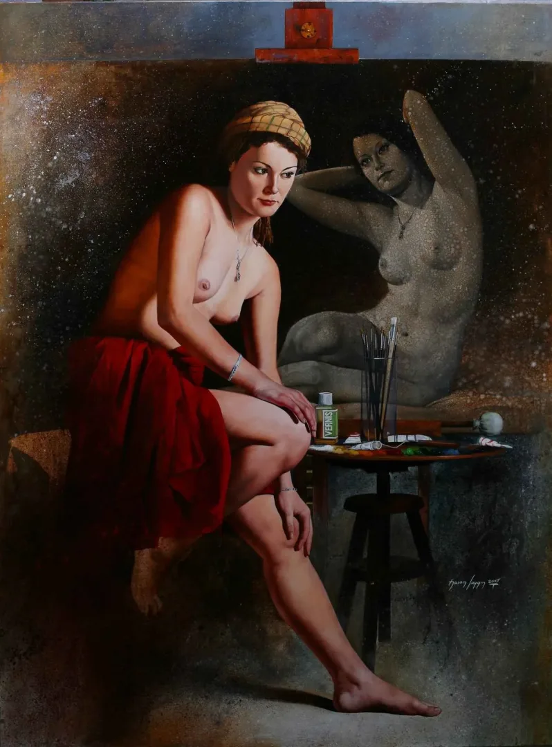 "Atelyede Model-2" eseri HASAN SAYGIN tarafından 2015 yılında 130x97 cm ölçülerinde Tuval üzeri yağlı boya tekniği ile yapılmıştır.