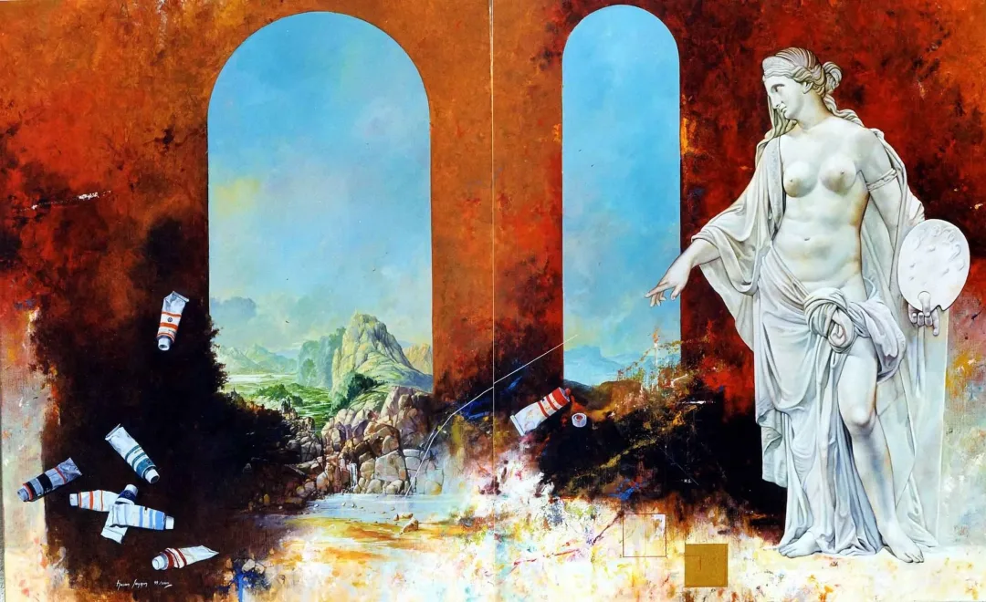 yakınlaştır "Antik ve Modern( Dyptique)" eseri HASAN SAYGIN tarafından 2000 yılında 162x100 cm ölçülerinde Tuval üzeri yağlı boya tekniği ile yapılmıştır.