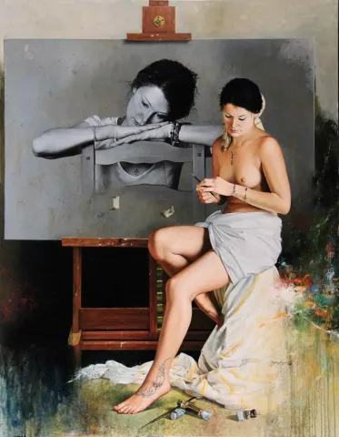 HASAN SAYGIN — “Atelyede Model-1”, 2013 "Atelyede Model-1" eseri HASAN SAYGIN tarafından 2013 yılında 146x114 cm ölçülerinde Tuval üzeri yağlı boya tekniği ile yapılmıştır.