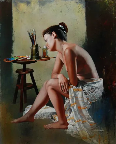 HASAN SAYGIN — “Paletli Model”, 2012 "Paletli Model" eseri HASAN SAYGIN tarafından 2012 yılında 100x81 cm ölçülerinde Tuval üzeri yağlı boya tekniği ile yapılmıştır.