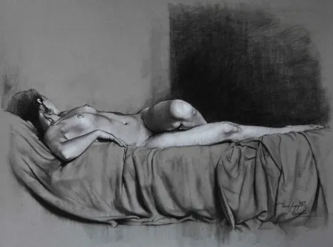 HASAN SAYGIN — “Ophelie-2”, 2013 "Ophelie-2" eseri HASAN SAYGIN tarafından 2013 yılında 65x50 cm ölçülerinde Desen tekniği ile yapılmıştır.