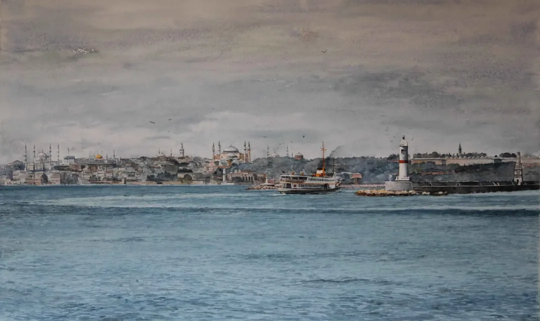 yakınlaştır "İstanbul" eseri HASAN SAYGIN tarafından 74x46 cm ölçülerinde Kağıt üzeri sulu boya tekniği ile yapılmıştır.