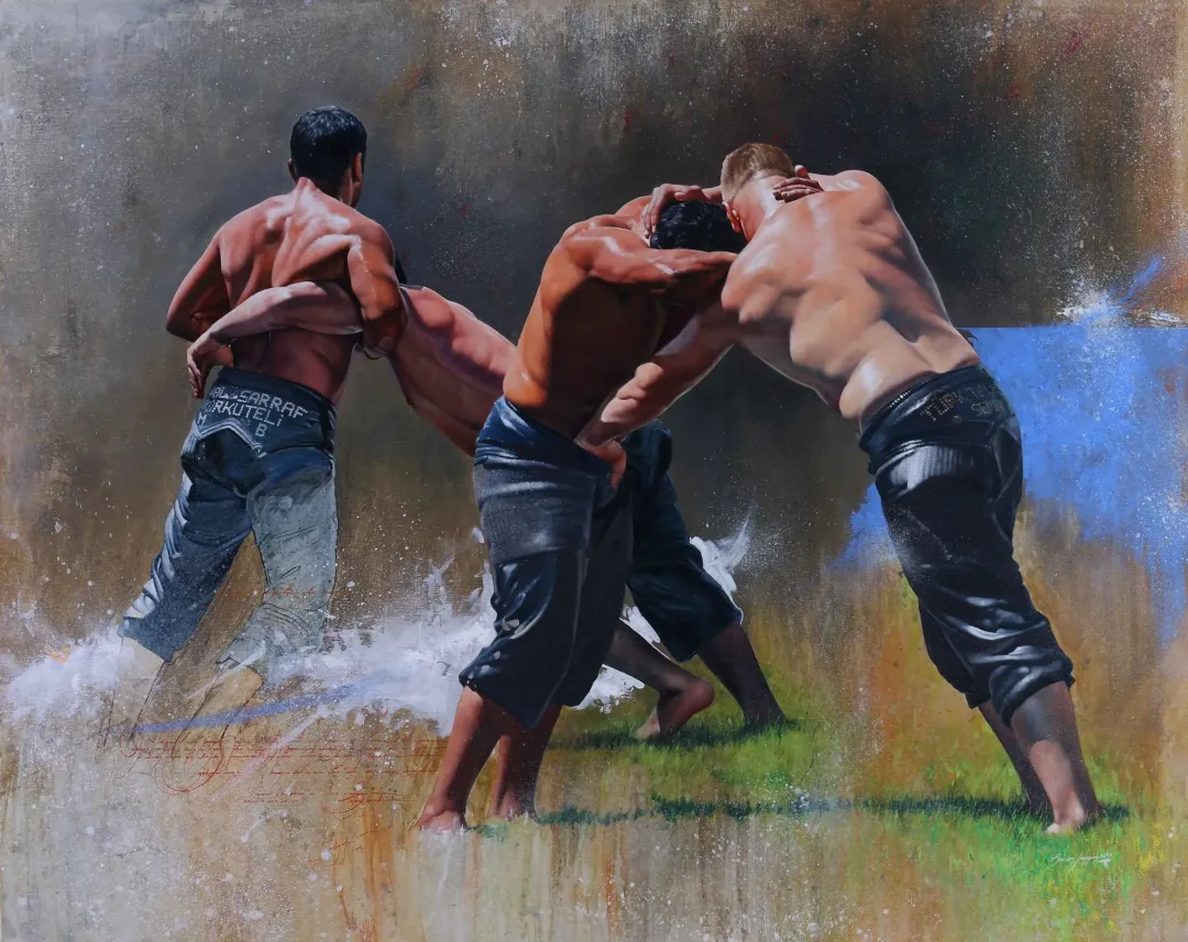 HASAN SAYGIN — “Pehlivanlar II”, 2016 "Pehlivanlar II" eseri HASAN SAYGIN tarafından 2016 yılında 162x130 cm ölçülerinde Tuval üzeri yağlı boya tekniği ile yapılmıştır.