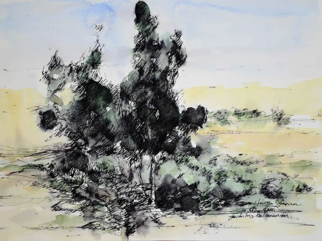 yakınlaştır "İsimsiz" eseri HÜSEYİN SÖNMEZ tarafından 21x29 cm ölçülerinde Kağıt üzeri sulu boya tekniği ile yapılmıştır.