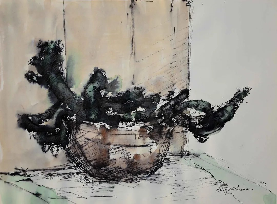yakınlaştır "İsimsiz" eseri HÜSEYİN SÖNMEZ tarafından 21x29 cm ölçülerinde Kağıt üzeri sulu boya tekniği ile yapılmıştır.