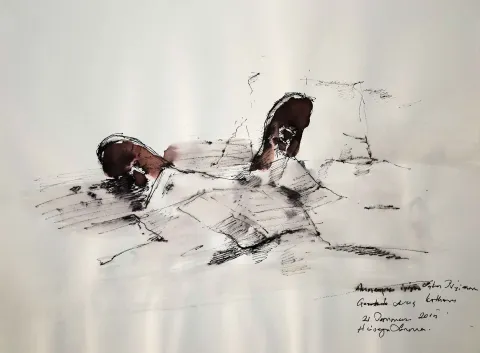 HÜSEYİN SÖNMEZ — “İsimsiz” "İsimsiz" eseri HÜSEYİN SÖNMEZ tarafından 21x29 cm ölçülerinde Kağıt üzeri sulu boya tekniği ile yapılmıştır.