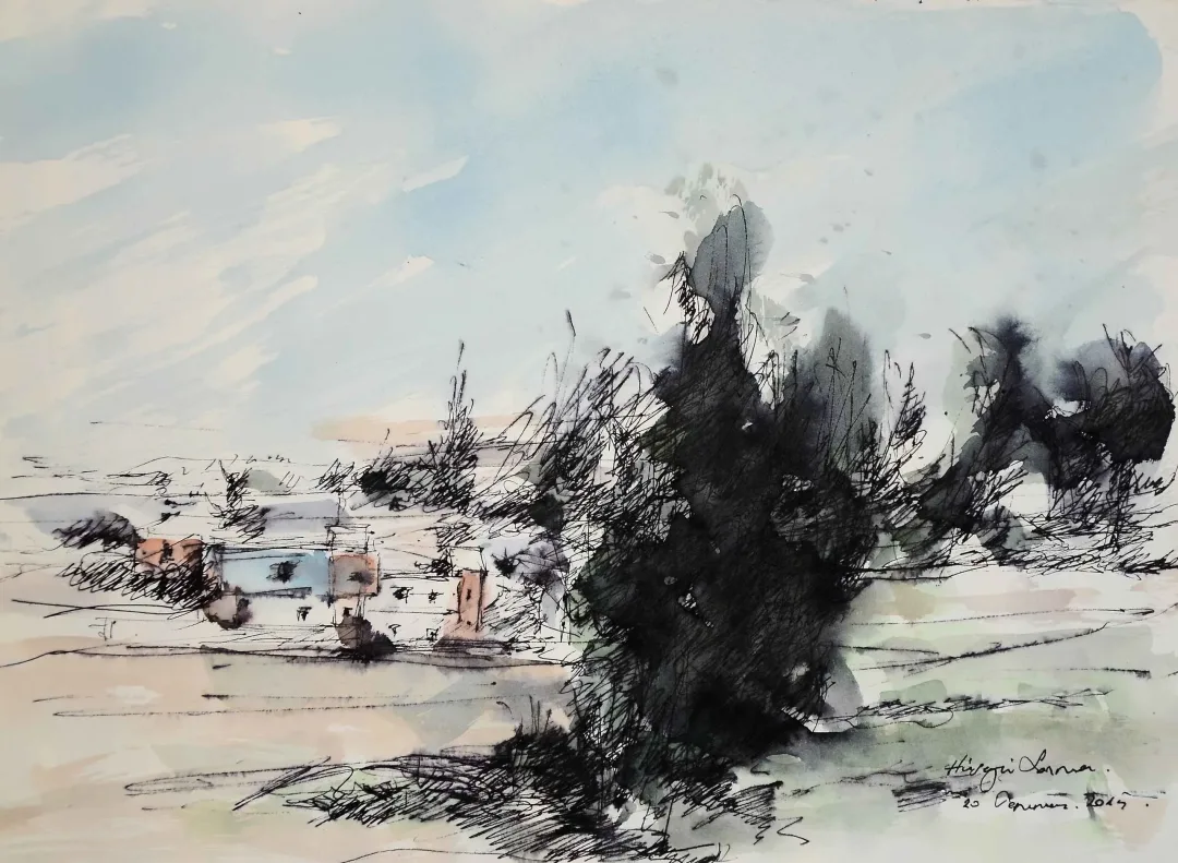 yakınlaştır "İsimsiz" eseri HÜSEYİN SÖNMEZ tarafından 21x29 cm ölçülerinde Kağıt üzeri sulu boya tekniği ile yapılmıştır.