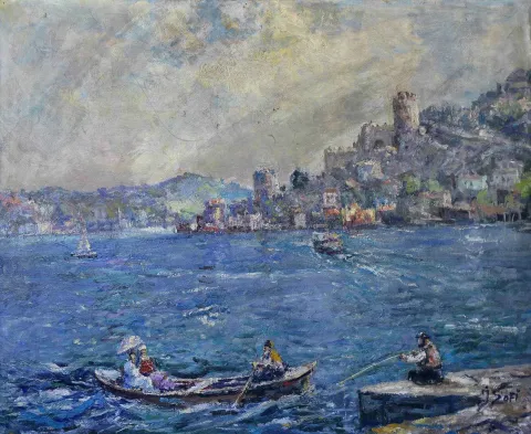 İBRAHİM SAFİ — “Rumeli Hisarı” "Rumeli Hisarı" eseri İBRAHİM SAFİ tarafından 50x65 cm ölçülerinde Tuval Üzeri Kartona Marufle tekniği ile yapılmıştır.