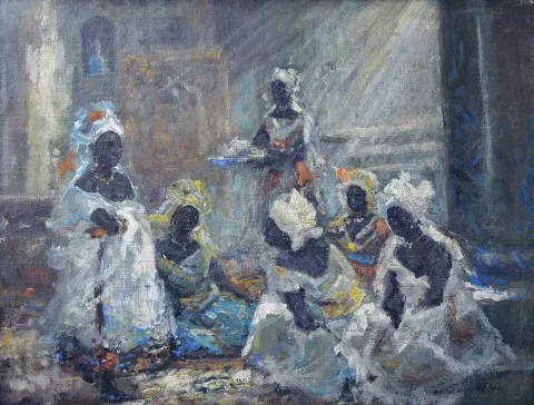 İBRAHİM SAFİ — “Habeş Hamamı” "Habeş Hamamı" eseri İBRAHİM SAFİ tarafından 40x49.5 cm ölçülerinde Tuval Üzeri Mukavvaya Marufle tekniği ile yapılmıştır.