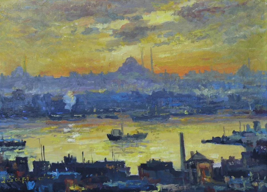 yakınlaştır "Haliçte Gün Batımı" eseri İBRAHİM SAFİ tarafından 34x43.5 cm ölçülerinde Karton üzeri yağlı boya tekniği ile yapılmıştır.