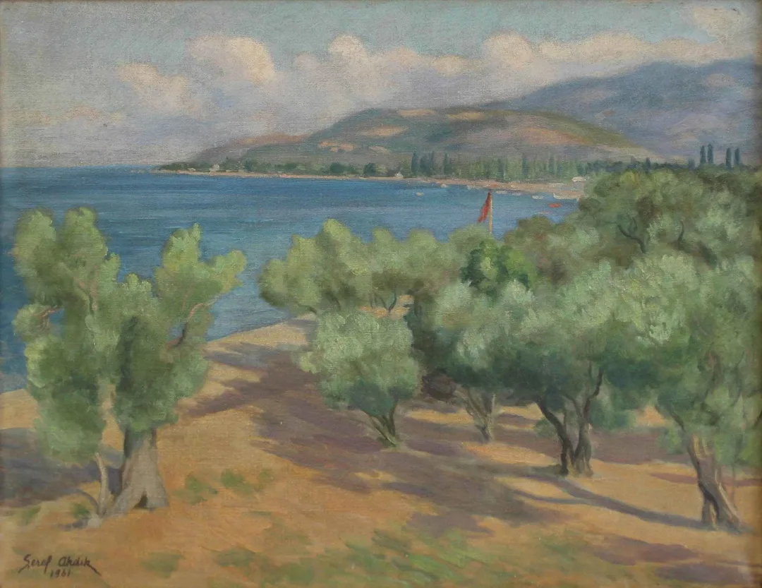yakınlaştır "Ayvalıkta Zeytinlik" eseri ŞEREF AKDİK tarafından 1961 yılında 50x65 cm ölçülerinde Tuval üzeri yağlı boya tekniği ile yapılmıştır.