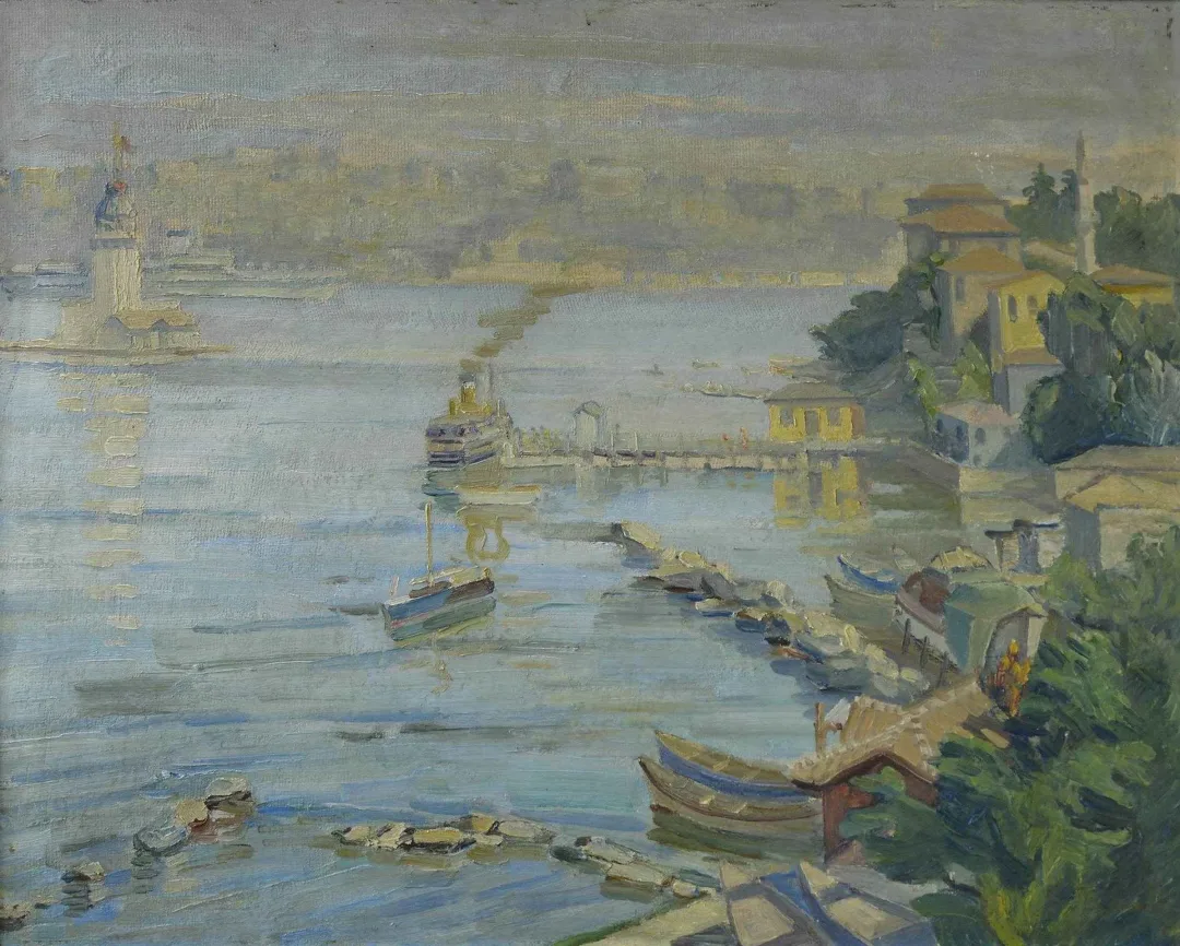 yakınlaştır "Salacak İskelesi" eseri SELAHATTİN TEOMAN tarafından 50x64.5 cm ölçülerinde Kontraplak üzeri yağlı boya tekniği ile yapılmıştır.