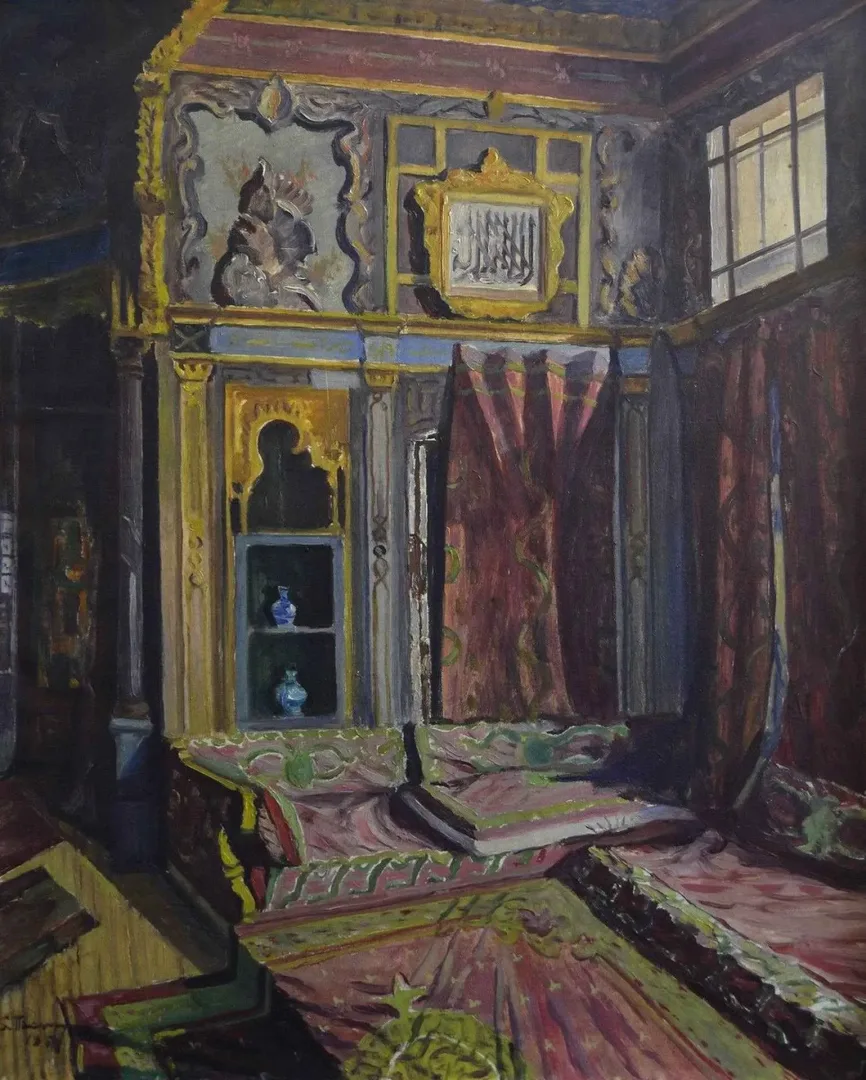 yakınlaştır "Hamidin Pembe Odası" eseri SELAHATTİN TEOMAN tarafından 1957 yılında 80x65 cm ölçülerinde Tuval üzeri yağlı boya tekniği ile yapılmıştır.
