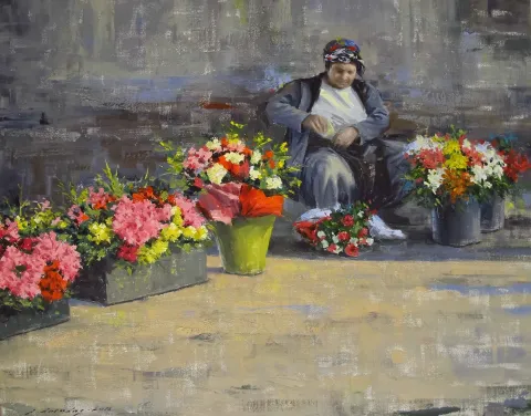 "Kadıköy Çiçekçisi" eseri FATİH KARAKAŞ tarafından 2016 yılında 40x50 cm ölçülerinde Tuval üzeri yağlı boya tekniği ile yapılmıştır.
