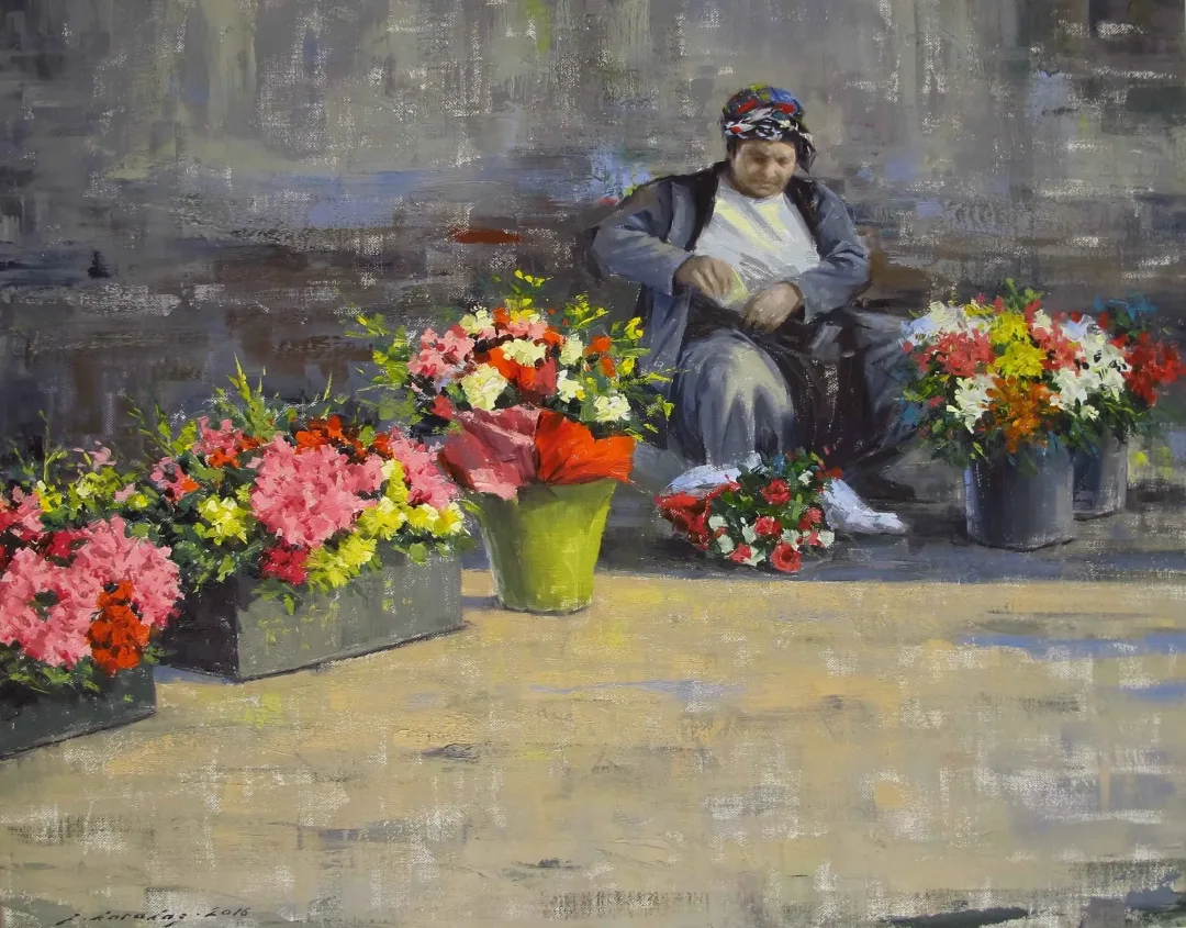 yakınlaştır "Kadıköy Çiçekçisi" eseri FATİH KARAKAŞ tarafından 2016 yılında 40x50 cm ölçülerinde Tuval üzeri yağlı boya tekniği ile yapılmıştır.