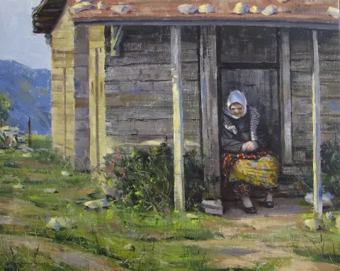 "Kapı Önünde Dinlenme" eseri FATİH KARAKAŞ tarafından 2016 yılında 40x50 cm ölçülerinde Tuval üzeri yağlı boya tekniği ile yapılmıştır.