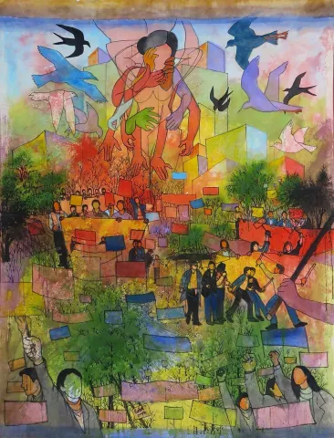 NİHAT KAHRAMAN — “Renkli Türkçe/Cinemascope”, 2014 "Renkli Türkçe/Cinemascope" eseri NİHAT KAHRAMAN tarafından 2014 yılında 235x185 cm ölçülerinde Tuval üzeri yağlı boya tekniği ile yapılmıştır.