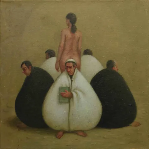 ÖMER EKEN — “Namus Bekçileri(ön çalışma)”, 2015 "Namus Bekçileri(ön çalışma)" eseri ÖMER EKEN tarafından 2015 yılında 50x50 cm ölçülerinde Tuval üzeri yağlı boya tekniği ile yapılmıştır.