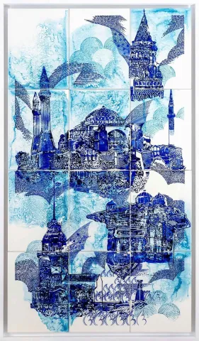 "İstanbul 2" eseri SEMİH KAPLAN tarafından 2016 yılında 132x75 cm ölçülerinde Çini duvar panosu tekniği ile yapılmıştır.