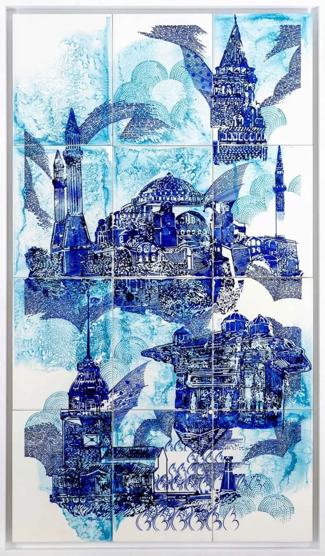 yakınlaştır "İstanbul 2" eseri SEMİH KAPLAN tarafından 2016 yılında 132x75 cm ölçülerinde Çini duvar panosu tekniği ile yapılmıştır.