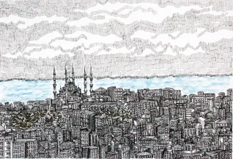 "İstanbul" eseri SÜMEYYE YUŞAN tarafından 2015 yılında 18x24 cm ölçülerinde Kağıt üzeri rapido kalem tekniği ile yapılmıştır.
