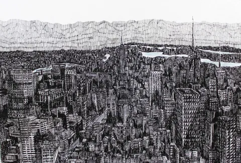 "New York" eseri SÜMEYYE YUŞAN tarafından 2015 yılında 20x30 cm ölçülerinde Kağıt üzeri rapido kalem tekniği ile yapılmıştır.