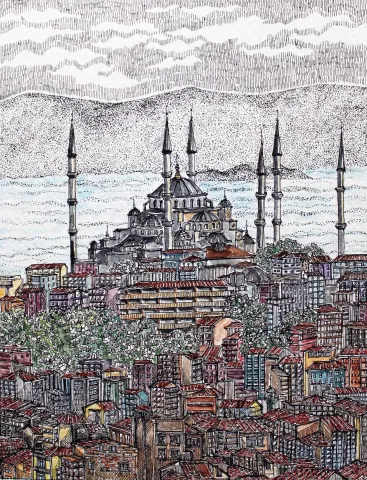 "İstanbul" eseri SÜMEYYE YUŞAN tarafından 2015 yılında 18x24 cm ölçülerinde Kağıt üzeri sulu boya tekniği ile yapılmıştır.