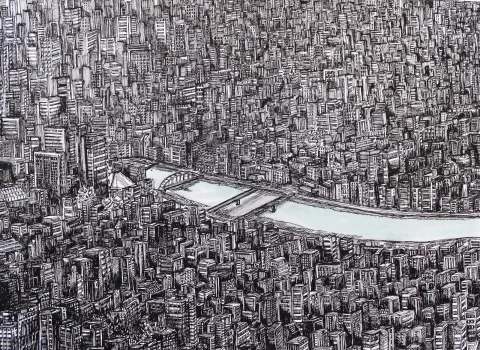 "Tokyo" eseri SÜMEYYE YUŞAN tarafından 2015 yılında 25x33 cm ölçülerinde Kağıt üzeri rapido kalem tekniği ile yapılmıştır.