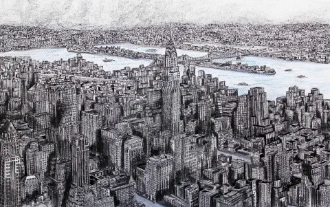 "New York" eseri SÜMEYYE YUŞAN tarafından 2016 yılında 33x48 cm ölçülerinde Kağıt üzeri rapido kalem tekniği ile yapılmıştır.