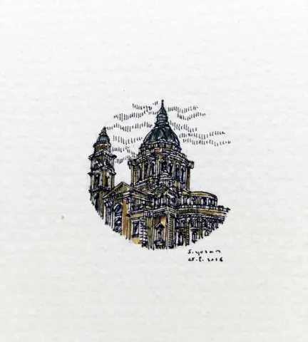 "Catherine Kilisesi" eseri SÜMEYYE YUŞAN tarafından 2016 yılında 3.5x3.5 cm ölçülerinde Kağıt üzeri sulu boya tekniği ile yapılmıştır.