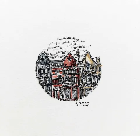 "Amsterdam" eseri SÜMEYYE YUŞAN tarafından 2015 yılında 3.5x3.5 cm ölçülerinde Kağıt üzeri sulu boya tekniği ile yapılmıştır.