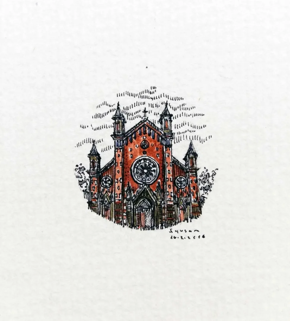 yakınlaştır "Antuan Kilisesi" eseri SÜMEYYE YUŞAN tarafından 2016 yılında 3.5x3.5 cm ölçülerinde Kağıt üzeri sulu boya tekniği ile yapılmıştır.