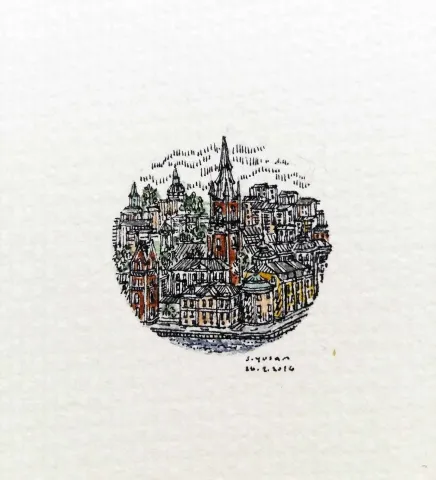 "Stockholm" eseri SÜMEYYE YUŞAN tarafından 2016 yılında 3.5x3.5 cm ölçülerinde Kağıt üzeri sulu boya tekniği ile yapılmıştır.